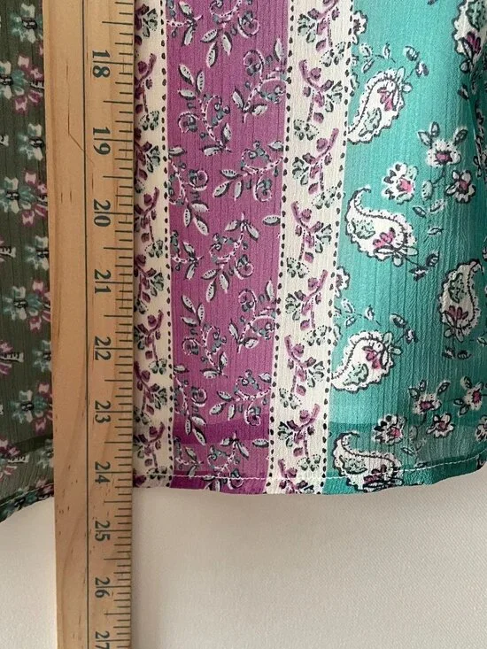 Loft Womens Multicolor Floral Stripe Scalloped Neck Peasant Blouse Top Size XL - Picture 8 of 10